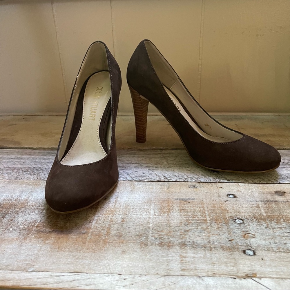 COLIN STUART Brown Suede Genuine Leather Wooden Heels Pumps​
